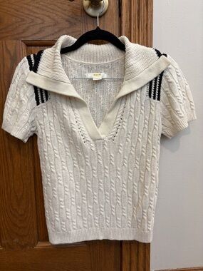Maeve by Anthropologie Cream V-Neck Sweater Small Preppy Summer Coastal